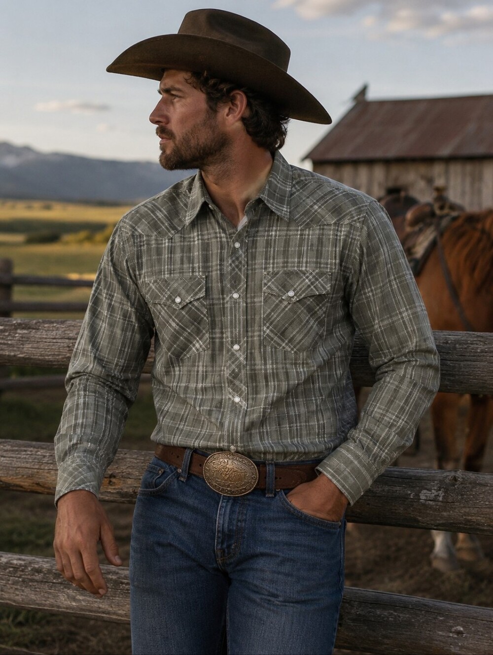 Blue Ranchwear Men's Large Western Plaid Pearl Snap Shirt Sage Green Cotton